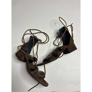 Saint Laurent Paris Womens 38 US 7.5 Brown Suede Gladiator Block Lace Up Sandals